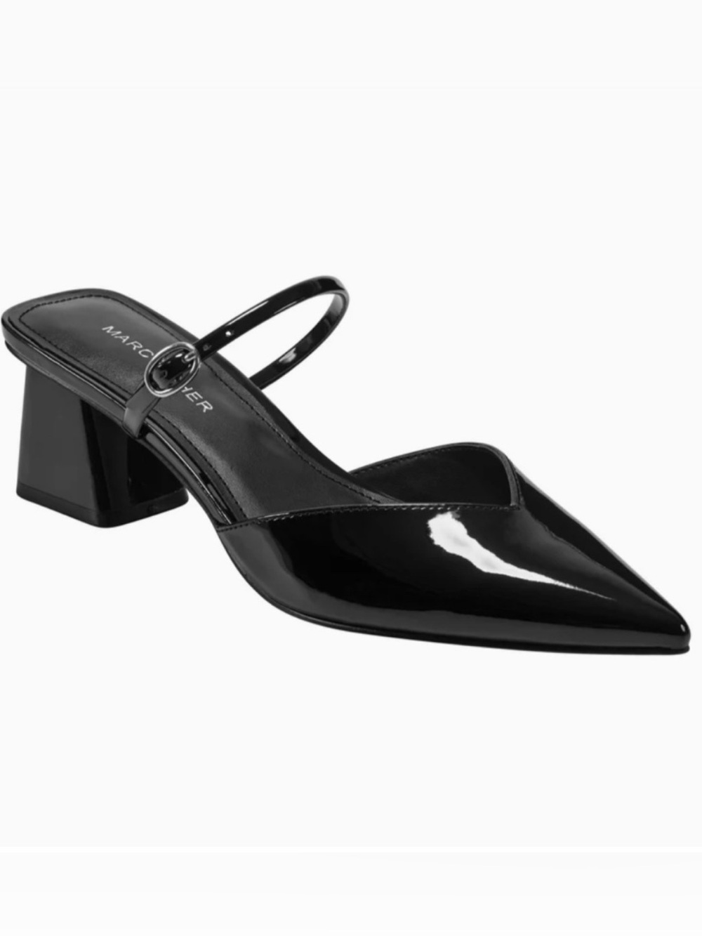 Marc Fisher Black Patent Leather Pointed Mary-Jane Block Heel Mule